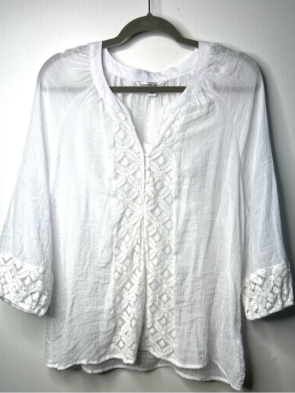 Counterparts White Lace-Trim Cotton Tunic Top Boho SZ XL EUC